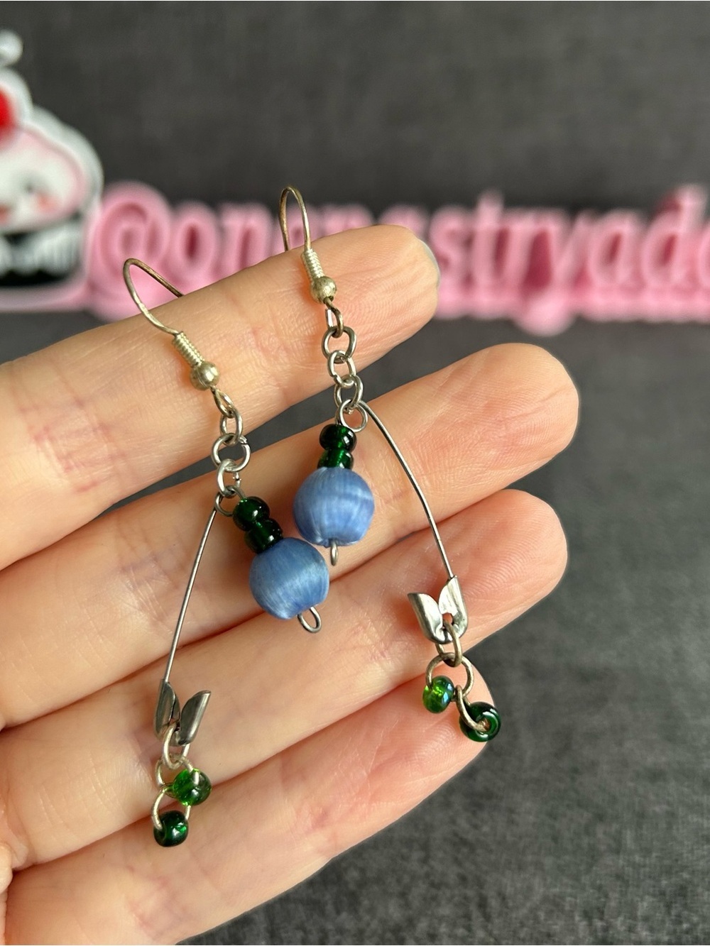 Handcrafted Safety Pin Earrings with Colorful Beads, Silver, Blue, Green - Picture 15 of 15